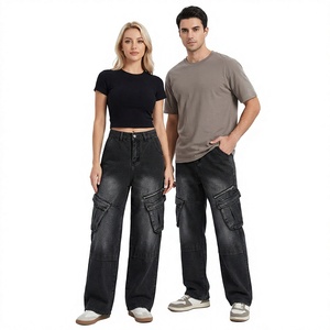 Pantalones Cargo de Cintura Alta, Denim Lavado, Corte Holgado, Color Sólido, Estilo Casual, Ropa Urbana de Otoño, Jeans para Hombre y Mujer - Product Image 1