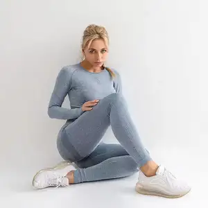流行风格无缝针织女式运动长袖健身裤瑜伽服两件套
