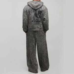 Acid Wash Distressed Printed <b>Full</b> <b>Zip</b> <b>Hoodie</b> Oversized Baggy Sweatpants Vintage Faded Custom Men Winter Two Piece Tracksuit - Product Image 2