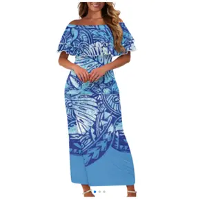 Blue pacific island dress pattern hawaiian tropical floral print elegant summer women tribal polynesian midi skirt two piece set