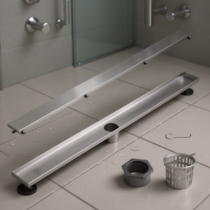 Grille de douche linéaire en acier inoxydable brossé de 36 pouces, rectangulaire, avec couvercle de carrelage décalé, pieds de nivellement et filtre à cheveux, couleur argent - Product Image 2