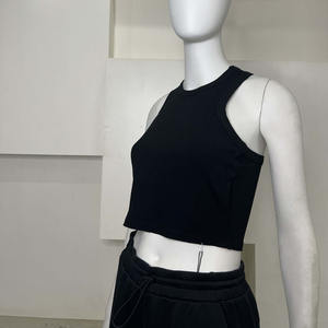 ODM High Quality <b>Black</b> Crew Neck Ribbed H-Shaped Back Crop Tanks <b>Tshirt</b> for <b>Women</b> - Product Image 2