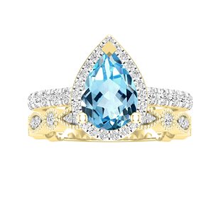 Anillo de boda personalizado con topacio azul en forma de pera de 9x6 mm y halo de diamantes blancos redondos cultivados en laboratorio para mujer, en oro amarillo macizo real de 14K. - Product Image 2