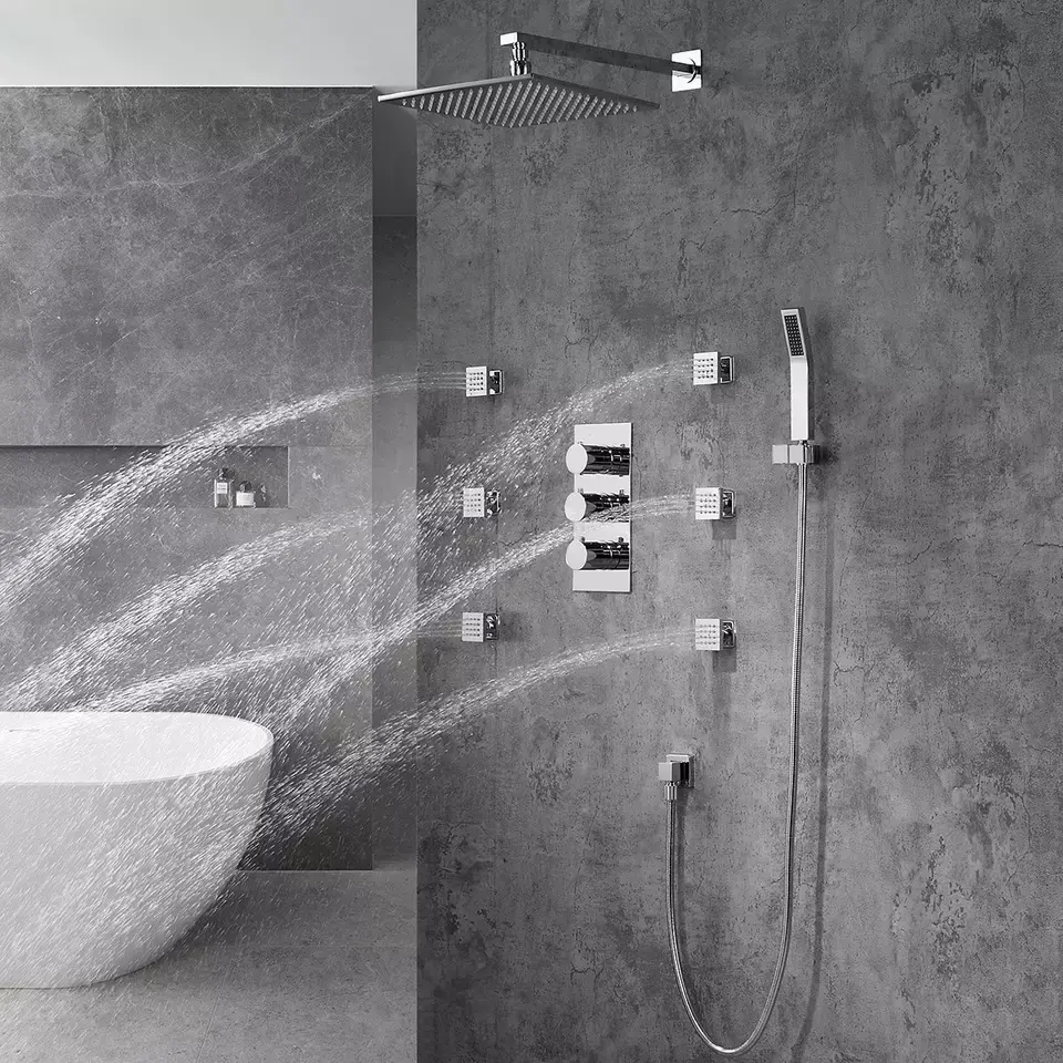 Factory Outlet Exposed Massage Shower Faucet Body Jets LED Thermostatic Shower Set Brass Wall Mounte
