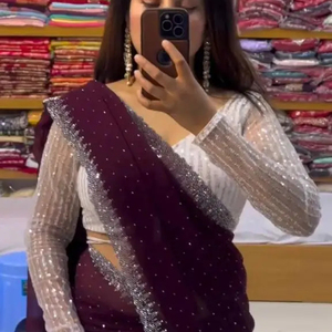 Sari de Diseño con Estampado y Estilo de Volantes de Bollywood para Fiesta, en Georgette Arrugado, para Mujer, Últimos Diseños de Blusas de Sari de la India - Product Image 1