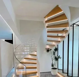 Modern Steel Wood With Tempered Glass Railing Curved Staircase