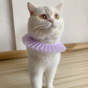 ファッションペットアクセサリーペットカラーリーシュセットダブル繊細なレースパールかわいいプリンセススタイルの猫のネックレス
