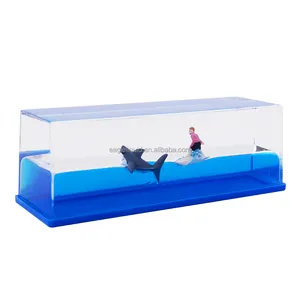 盒子里不沉的船浮动游轮玩具液体波纸重量书桌玩具装饰冲浪男孩和鲨鱼