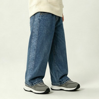 Pantalon en jean droit pour enfants en coton, style workwear, avec patchwork et empiècements, délavage enzymatique, fermeture bouton et zip, taille mi-haute, hiver