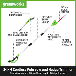 <span class=keywords><strong>Greenworks</strong></span> 24V 2-en-1 Pole Saw et taille-haie <span class=keywords><strong>avec</strong></span> bandoulière 8 pouces Polesaw et 51cm Trimmer <span class=keywords><strong>avec</strong></span> 2Ah <span class=keywords><strong>Batterie</strong></span> et Chargeur - Product Image 2