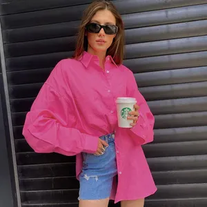 Casual Loose Solid New Streetwear Pink Cotton Women Tops Long Sleeve Pocket Office Work Lantern Sleeve Female Blouse Shirt