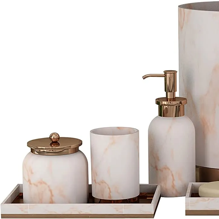 Amazon best selling marble ceramic bathroom accessories set kit for home decoration tooth brush holders