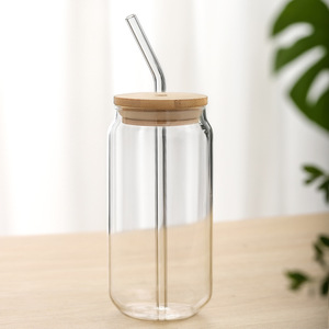 Chịu nhiệt 380ml/4800ml cao Borosilicate <span class=keywords><strong>Glass</strong></span> <span class=keywords><strong>Jar</strong></span> cup tái sử dụng bia Mug với nắp tre và rơm cho nước rượu vang và bia - Product Image 4