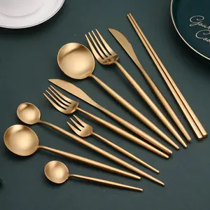 2 Tones Stainless Steel 304 Satin Gold Cutlery Set With White Handle Golden Spoon And Forks