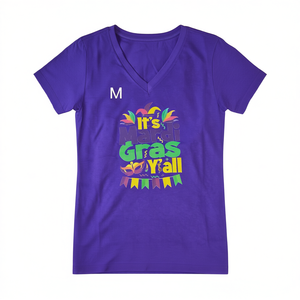 A25pen Women's Mardi Gras <b>T</b>-<b>Shirt</b> Medium V-Neck Short Sleeve <b>Festive</b> Casual Print Jersey 100% Cotton Spring Summer - Product Image 1