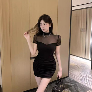 Petite Women's Fitted Mesh Panel High Neck Short Sleeve Dress Solid Color Party Casual Dress Tight Waist White Black - Product Image 2