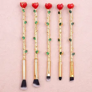 5pcs Rose Flower Gold Makeup Brush Exquisite Metal Rose Gold Eyeshadow Brush Set Valentines Gift Beauty and the Beast