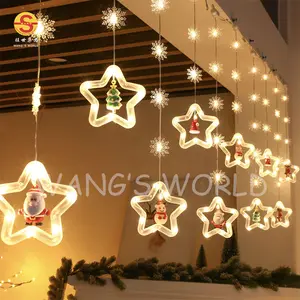 Cortina decorativa de Navidad con luces LED, cortina de luces con forma de árbol y estrellas