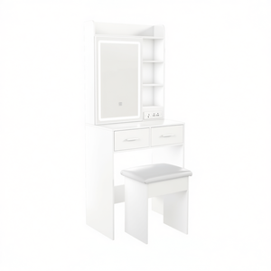 Tocador de maquillaje blanco con espejo LED, taburete acolchado y almacenamiento oculto para dormitorios pequeños, diseño moderno. - Product Image 1