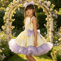 Robe de princesse pour filles à manches courtes avec boutons décoratifs, superposition en satin, jupe en tulle à volants lavande et bandeau assorti pour fête d'anniversaire