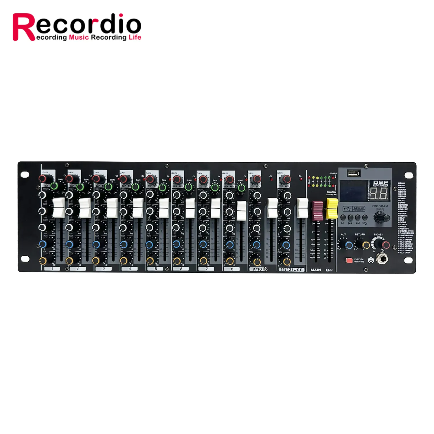 GAX-K12 Audio Mixer Sound Board Console Desk System Interface 12 Channel USB BT MP3 48V Phantom Power Built-in 99 Reverb Effect