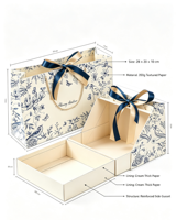 Sac en papier multi-tailles bleu brume, style vintage français, motif floral et oiseaux, fermeture magnétique, matériaux recyclés, sac cadeau