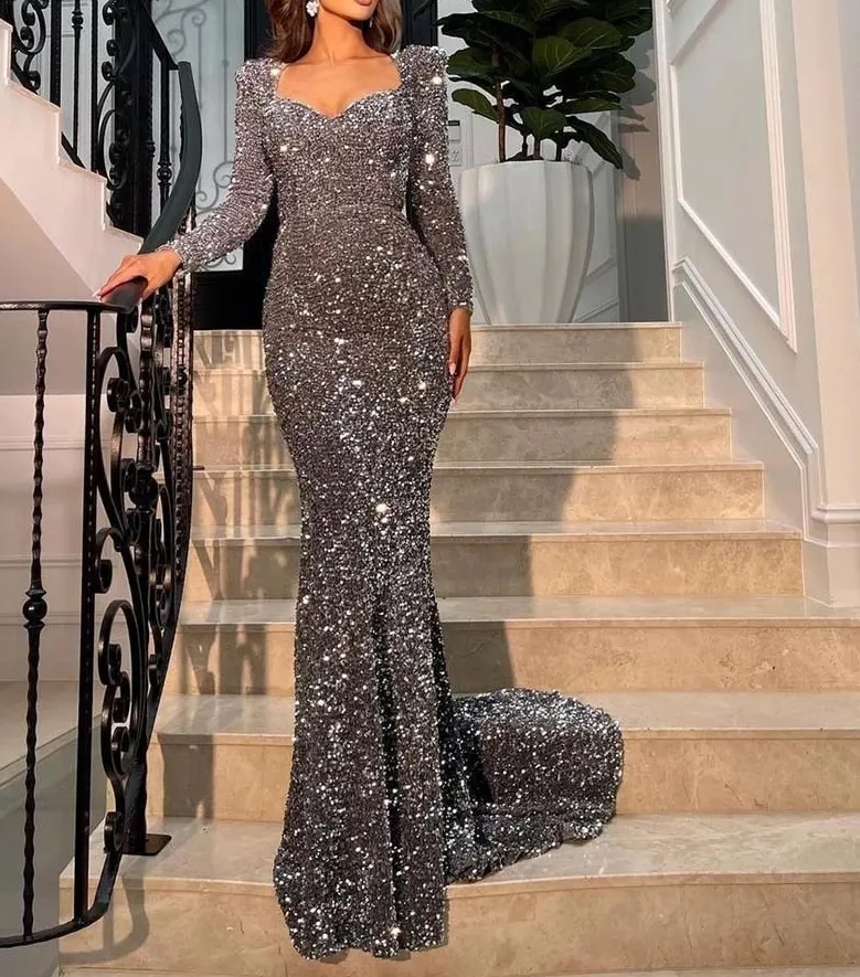 Silver Mermaid Prom Dresses Square Collar Long Sleeves Sequins Luxury Floor Length Sexy Slim Celebrity Gown For Party 2023 New