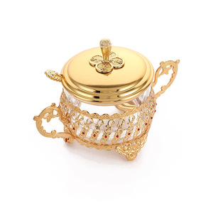 Pot à sucre décoratif en verre plaqué or de style européen, pot à épices avec cadre métallique - Product Image 2