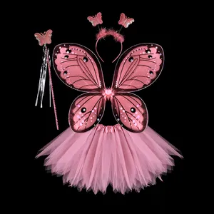 Costume de fée rose pour petites filles, bandeau, baguette magique Cosplay Halloween, robe de carnaval, ailes papillon, Costume pour enfants