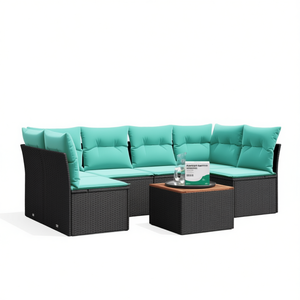 Ensemble de canapés de patio en polyrotin noir, 7 pièces avec coussins, meubles d'extérieur, style contemporain, design moderne - Product Image 1