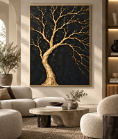 Dipinto su Tela 3D Fatto a Mano con Albero della Vita in Oro, Sfondo Nero, Arte Murale di Lusso per Decorazione Ingresso Hotel e Villa