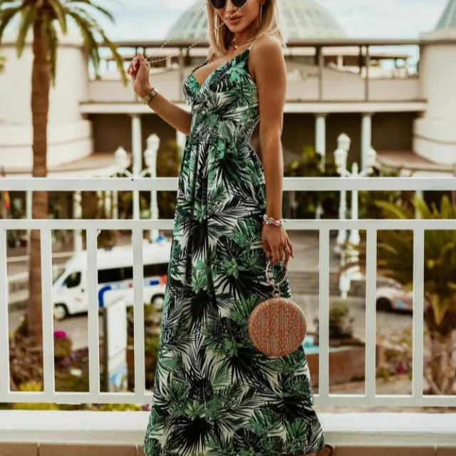 Fashion Women's Casual Long Dresses Summer Casual Floral Printed Bohemian Spaghetti Strap Floral Maxi Dress