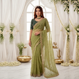Sari de Seda Verde AARA Fashion con Bordado Dorado, Traje Tradicional Indio para Bodas, Largo hasta el Suelo, Corte Regular, Protección Solar - Product Image 1