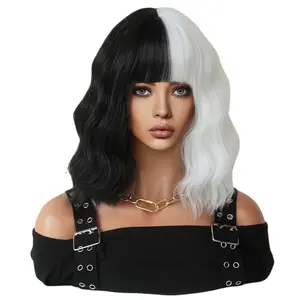 Half Black and Half White Wig with Bangs Short Curly Bob Wig 14 Inch Shoulder Length Colored Party Cosplay Halloween Wigs