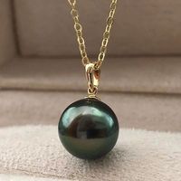 Collar con Colgante de Perla Verde Pavo Real Tahitiana, Chapado en Oro de 14K, Perla de Agua de Mar Simulada de Alto Brillo, para Uso Diario y Banquetes