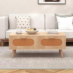 <span class=keywords><strong>Table</strong></span> <span class=keywords><strong>basse</strong></span> en rotin et <span class=keywords><strong>bois</strong></span> de style farmhouse avec 2 tiroirs de rangement, plateau spacieux et polyvalent pour salon - Product Image 1
