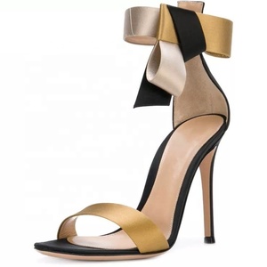 Sandales à talons hauts pour femme avec grand nœud, chaussures à talon aiguille patchwork pour femme, escarpins d'été à bride unique et bout ouvert - Product Image 1