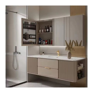 Meuble-lavabo de salle de bain intelligent moderne de luxe couleur chaude en MDF laqué avec miroir nid d'abeille et éclairage LED, vasque en céramique blanche pour usage hospitalier - Product Image 3