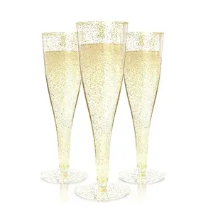 Одноразовые 6 шт свадебные тонкие стволовых дунутый рукой бокал для шампанского флейт стекла высотой Настольный светильник с золотым блеском пластиковых стаканов для шампанского