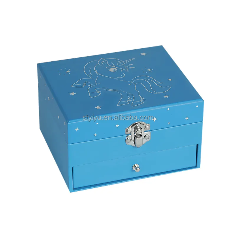 लोकप्रिय ब्लू स्क्वायर रिंग म्यूजिकल पुल फंक्शन दराज यूनिकॉर्न म्यूजिक बॉक्स कस्टम लोगो मुद्रित आभूषण पेपर म्यूजिक बॉक्स