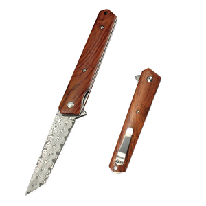 Couteau de poche pliable pour le camping en plein air, lame en acier de Damas, manche en bois, OEM - Product Image 1