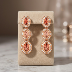 Rose Gold Morganite Drop <b>Earrings</b> With <b>Diamond</b> Halo Luxury Women's Party Jewelry - Product Image 3