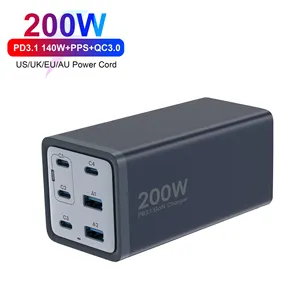 Universal PPS Gan 200W Reino Unido UE EE. UU. AU KS Enchufe con 4 puertos USB C 2 puertos USB A PD3.1QC3.0 Adaptador de 200W