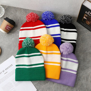 Nouveau <span class=keywords><strong>bonnet</strong></span> tricoté en acrylique pour <span class=keywords><strong>femme</strong></span>, jacquard rayé, ajustable avec boutons, coupe <span class=keywords><strong>ample</strong></span>, polyvalent, couvrant les oreilles, chaud, pour le marché international - Product Image 1