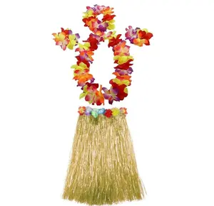 Hawaiian Luau Hula Grass Skirt With Large Flower Costume Set for Dance Party Wedding Carnival Decorations Favors