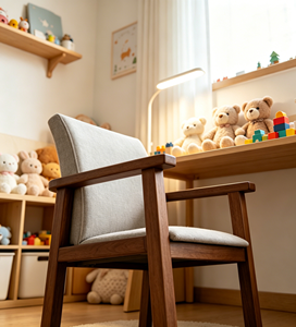 Fauteuil scandinave moderne en bois avec revêtement crème pour salle à manger - Product Image 6