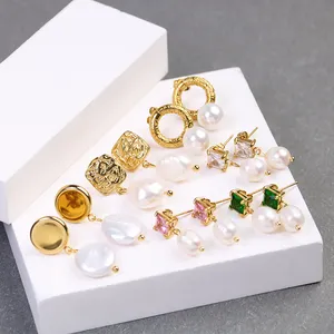 Jewelry Manufacturer Baroque Drop Pearl Earring Zircon Stud 14K 18K Gold Plated Pearl Earrings Set