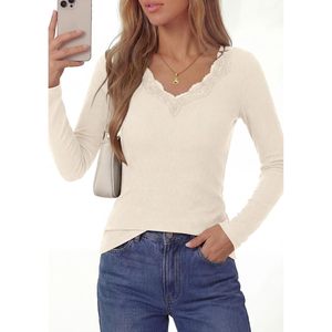 เสื้อยืดแขนยาวผู้หญิงแต่งลูกไม้คอวีทรงเข้ารูปลำลอง - Product Image 2