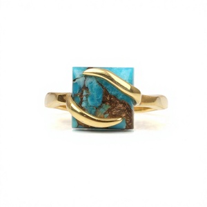 Top Selling 12mm Mohave <b>Blue</b> Copper Turquoise Gemstone Genuine 925 Silver Textured Top Band Dainty Square Shape <b>Ring</b> for Women - Product Image 1