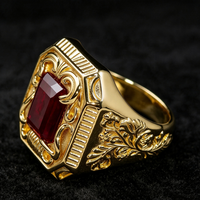 Bijoux fins, bague en argent S925 plaquée or 14 carats, rubis, style vintage, rectangle sculpté, pierre précieuse rouge, bague large en rubis pour homme